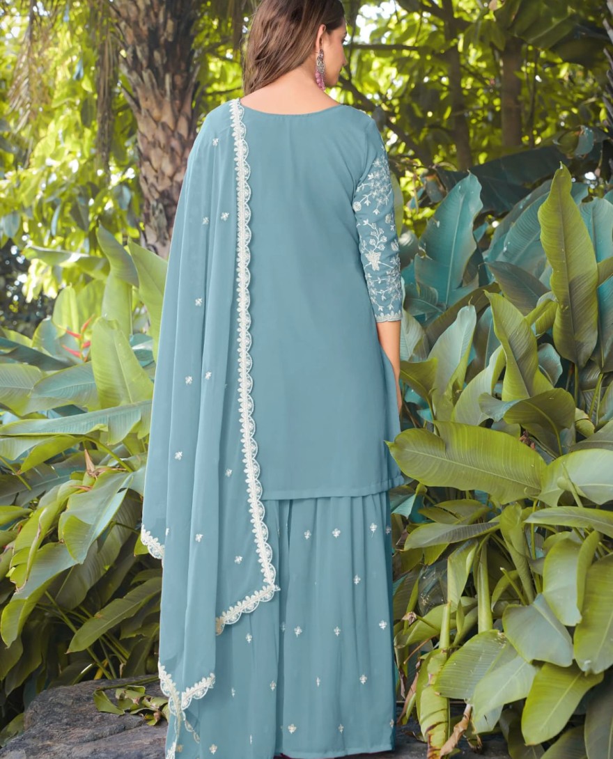 BLUE - Elegant Sky Blue Heavy Embroidery Georgette Designer Palazzo Suit